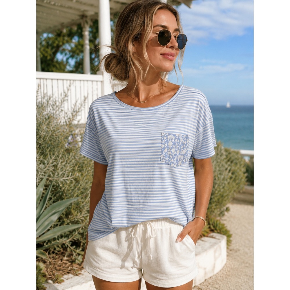 Vineyard Vines Womens XS Blue White Striped Floral Pocket Cotton T-Shirt NEW